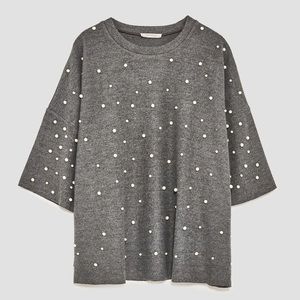 Zara Gray Soft Touch Faux Pearl Sweater Top
